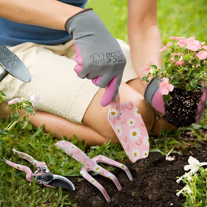 WORKPRO Aluminum Garden Tool Set, 4PCS Heavy Duty Gardening Tools with Box Include Trowel, Rake, Pruner, Gloves, Pink, Garden Gifts-Pink Ribbon