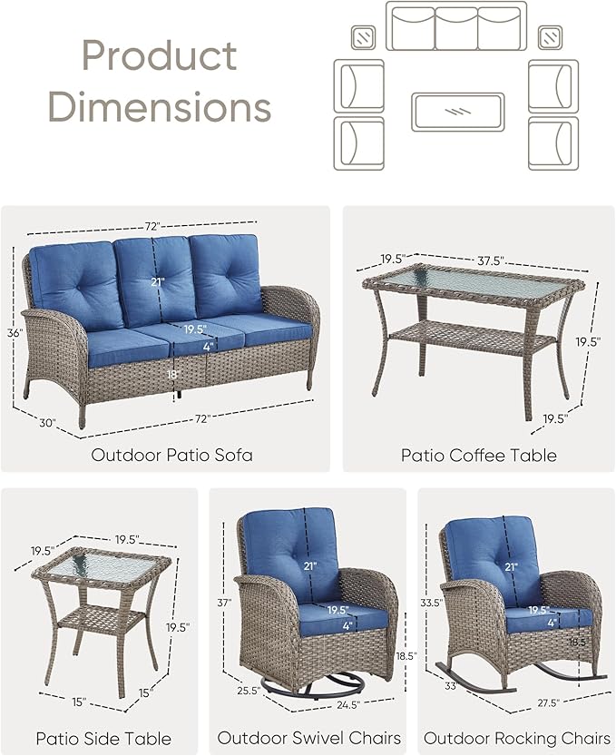 Outdoor Furniture-8 Piece Wicker Patio Furniture Set with Patio Swivel Chair Wicker Rattan Couch with Outdoor Rocking Chair Patio Conversation Set for Deck Lawn Porch Balcony Poolside-Grey/Blue