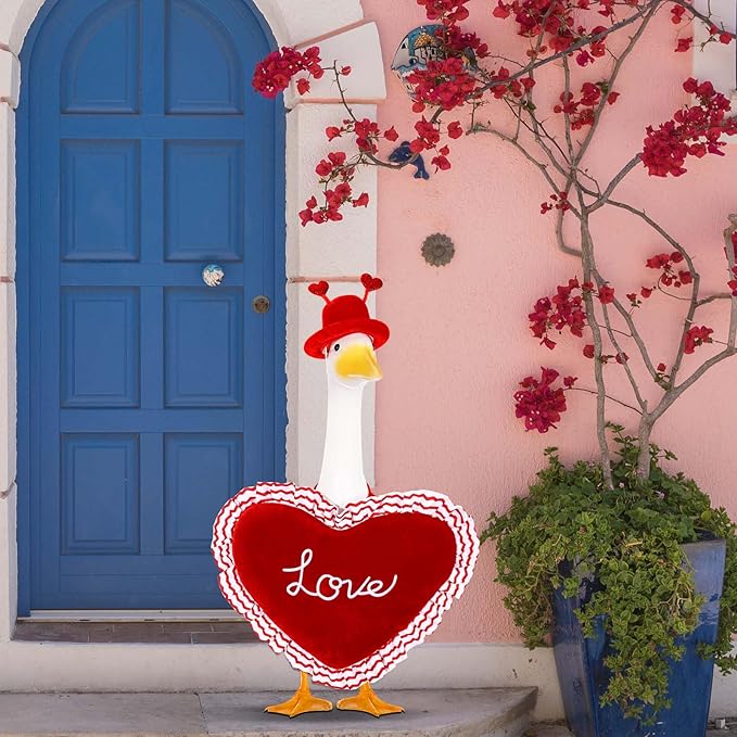Valentine Goose Outfits Pink Heart Porch Goose Outfit Lawn Porch Goose Clothes Fits 23" Cement Plastic Goose Statue for Valentine's Day Outdoor Garden Yard Patio Art Decor (Red)