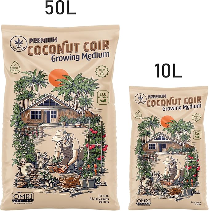 Happy Trees Coco Coir Loose Coconut Fiber Growing Medium, Potting Mix, Seed-Starting, Premium Quality, Triple-Washed for Low Salt/EC, pH Balanced, Peat-Free, OMRI Organic, 50L (1.8 cu.ft.)
