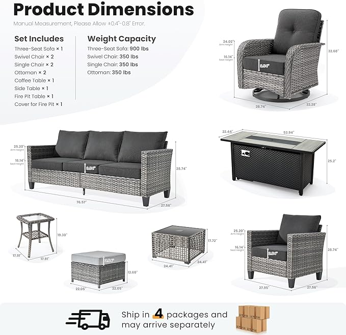 ovios 10 Pieces Patio Furniture Set, Outdoor Wicker Sofa Couch with Rocking Swivel Chairs Solar Lights Table Fire Pit, Modern Deep Seat Rattan Conversation Sets, Black