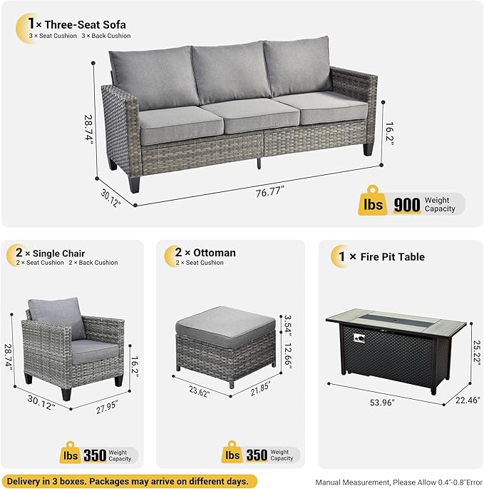 ovios 6 Pieces Patio Furniture Set with 54" Fire Pit Table, Outdoor Wicker Sofa with Comfy Cushions, All Weather High Back Rattan Couch Conversation Set, Dark Grey