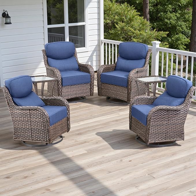 Rilyson 6 Piece Outdoor Patio Swivel Rocker Chairs, Waterproof Wicker, High Back, Deep Seating, Wide Armrest, Upgraded 6 inch Thick Cushions, Side Table, Ideal for Deck Porch Yard, Brown/Blue