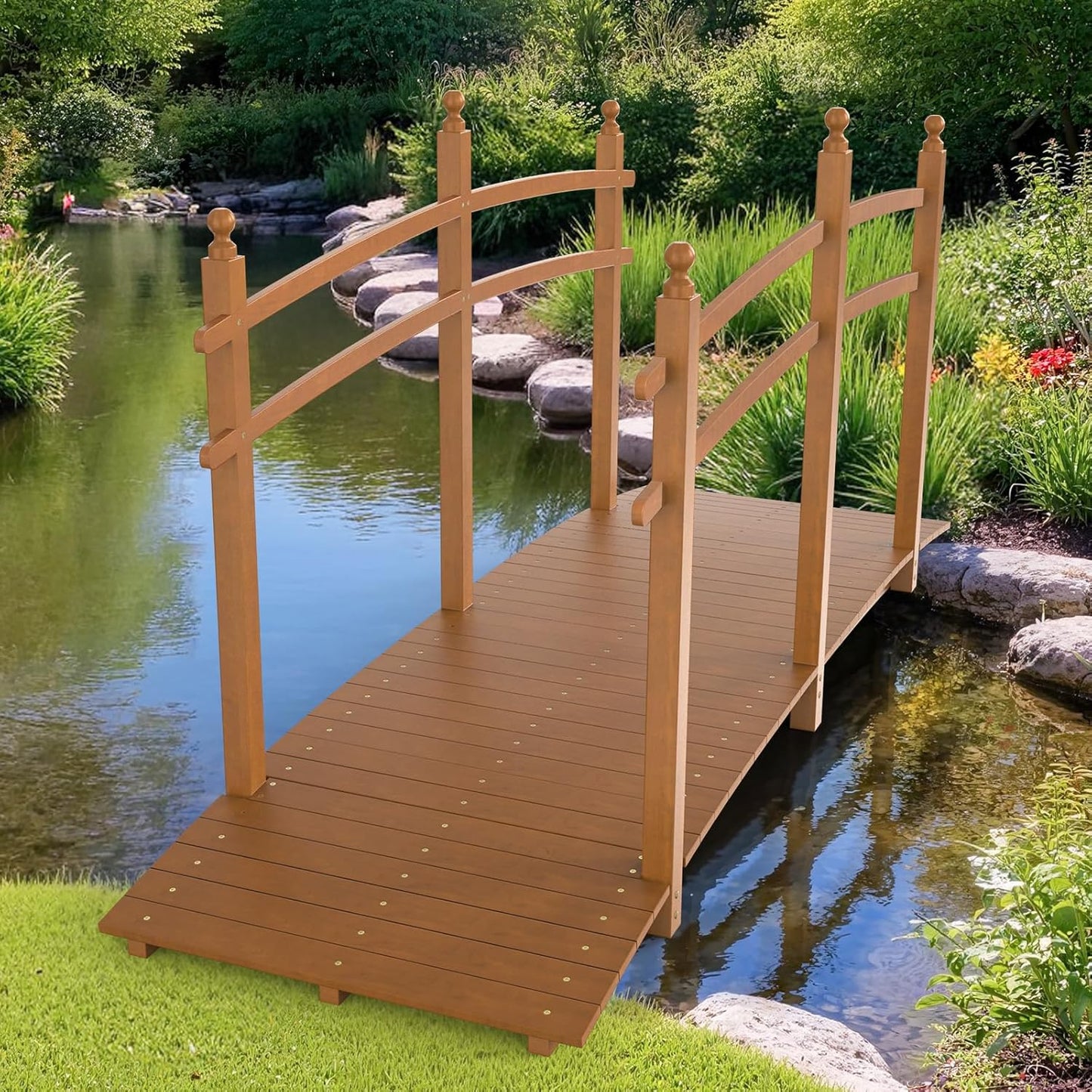 VINGLI Garden Bridge, Classic Wooden Arch with Safety Rails Footbridge (Brown, 7.5 ft)