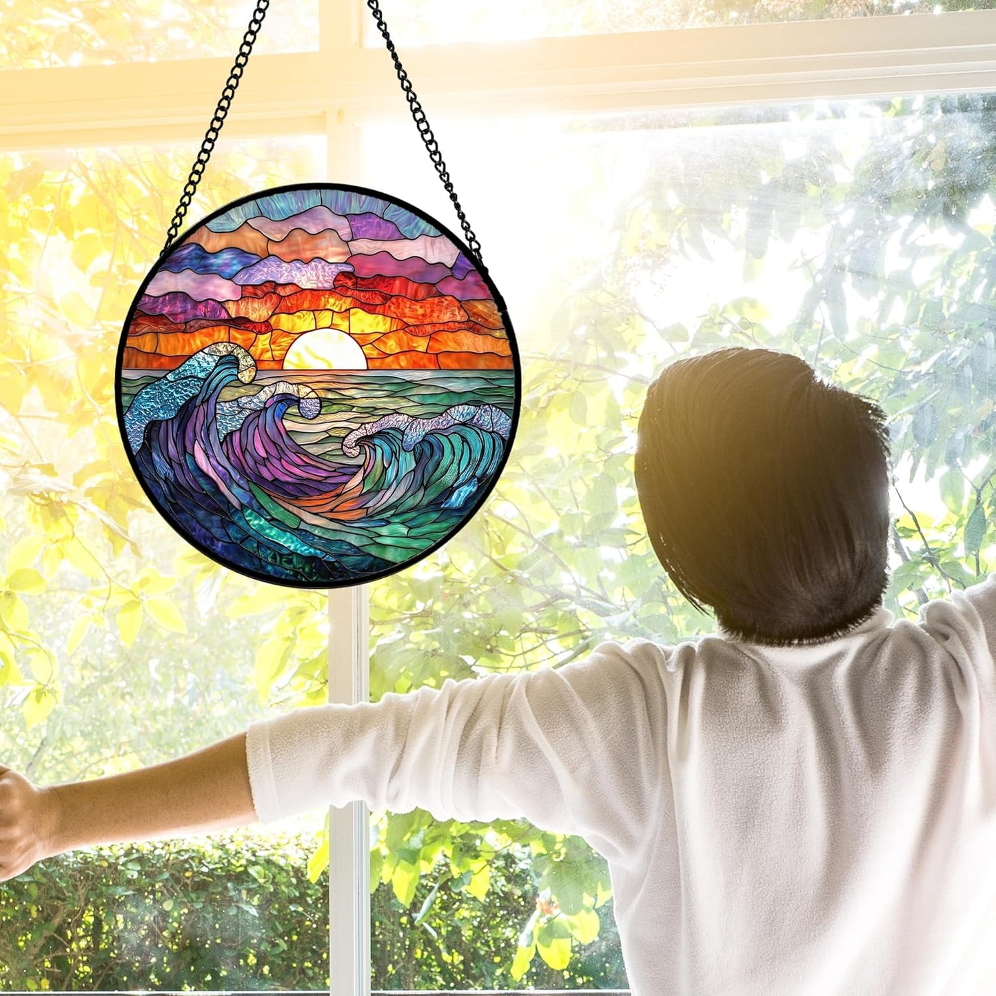 Stained Glass Window Hanging, Clouds and Sea Waves Suncatcher Diamond Glass Panel Hangings Scenery Sun Catchers Decor for Birthday for Women, Men, Wife, Aunt, and Mom 7.8 in