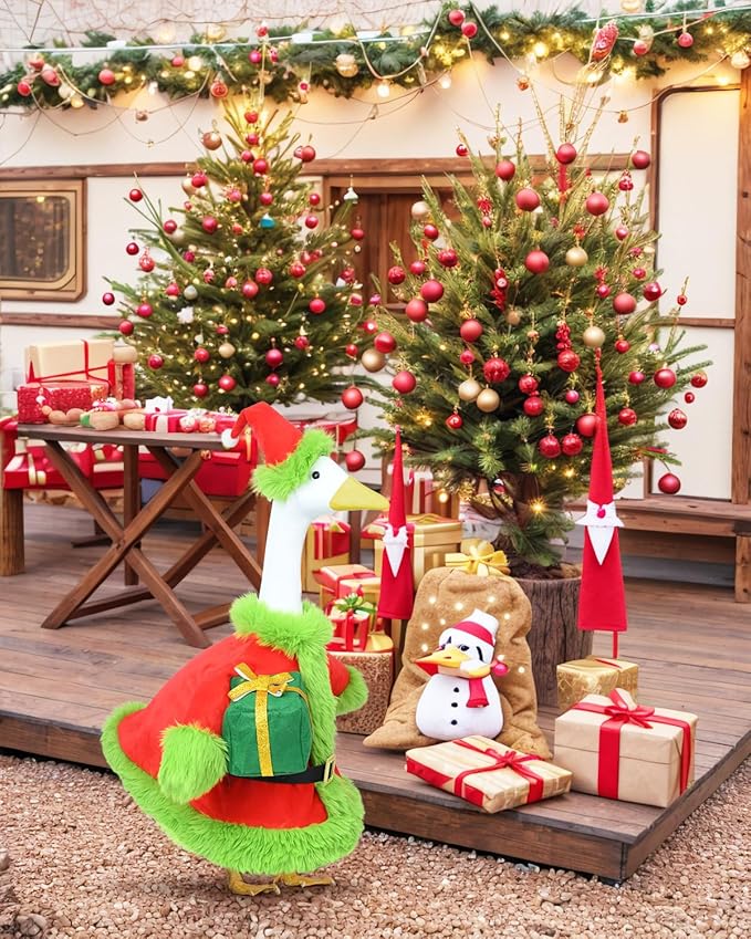 Christmas Porch Goose Outfits - Green Santa Claus Custome for 23 inch Porch Goose, Christmas Outdoor Decor for Lawn, Yard & Garden