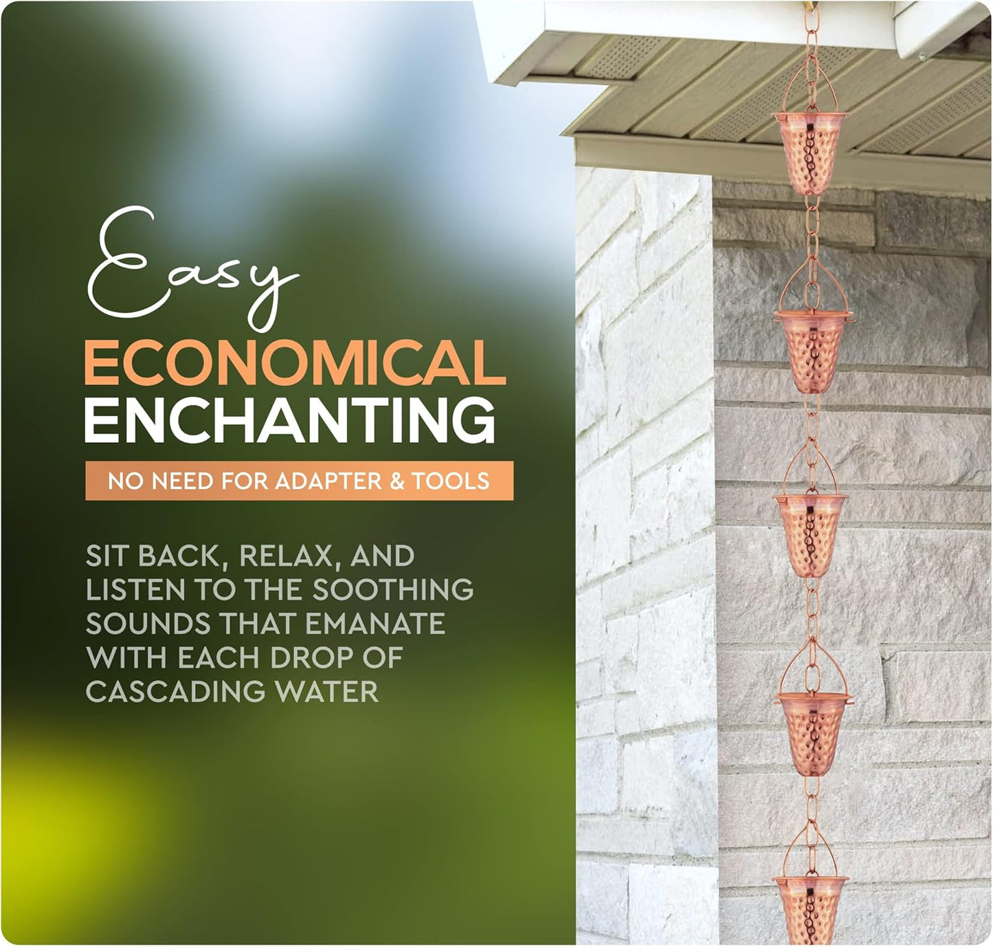 Copper Hammered Rain Chain – Decorative Chimes & Cups Replace Gutter Downspout & Divert Water Away from Home for Stunning Fountain Display – 3’ Long for Universal Fit – Bell Style