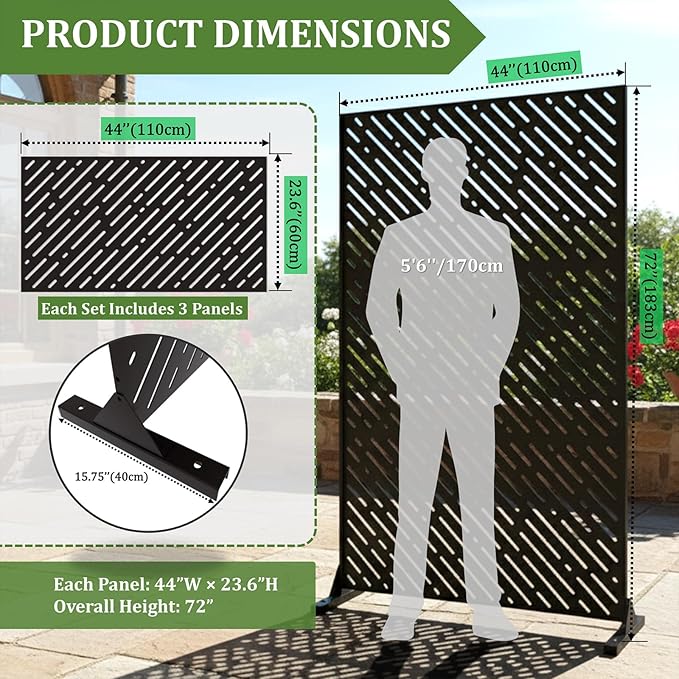 Metal Privacy Screen Outdoor 72x44in (6FT) โ Rustproof Steel Decorative Fence Panel, Weatherproof Garden Divider for Patio, Backyard & Balcony, Metal Panels for AC Unit or Trash Bin Enclosure
