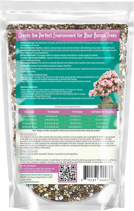 Serenity Blend Bonsai Soil Mix – Moisture-Retentive & Organic for Flowering, Fruiting, and Tropical Bonsai Trees – Handcrafted in The USA with Akadama & Compost (3 quarts)