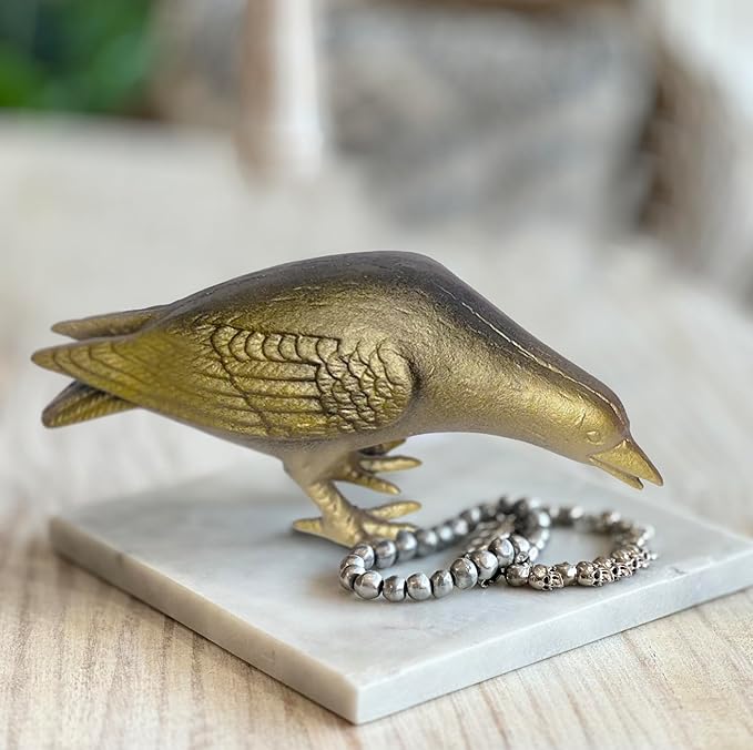 NACH Crow Decor, 10 x 3.5 x 6 inch, Cast Iron Antique Gold Raven Statue, Raven Decor for Outside - Head Down Crow Statue