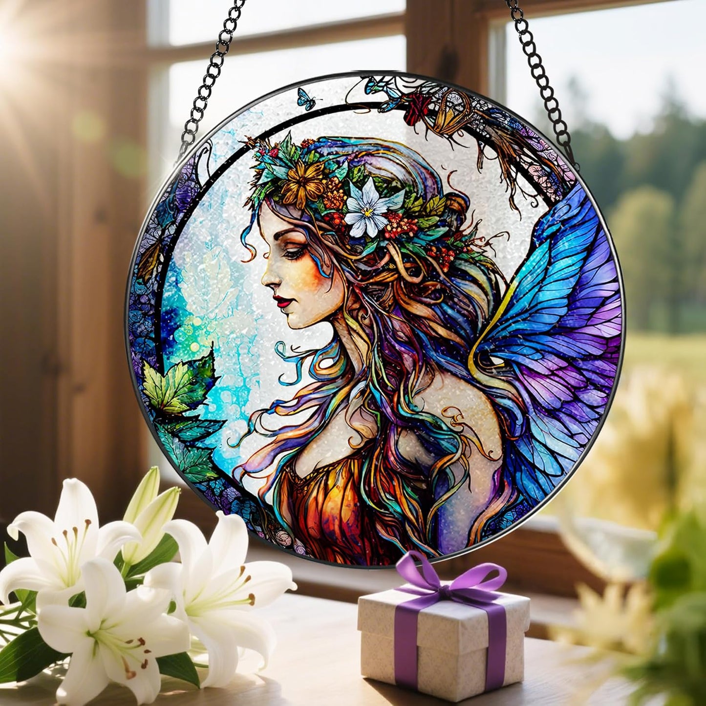 Stained Glass Window Hanging, LAOWEIKI 8'' Fairy Suncatcher, Stained Glass Ornament, Suncatchers for Windows Hanging, Window Decor, Outdoor or Indoor, Gifts for Women, Bestie, Friends