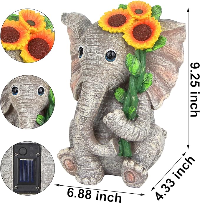 Outdoor Sculpture Figurine Statue Elephant Decor,Solar Garden Statues for Patio Home Yard Decor,Good Luck Sunflower Elephant for Women, Mom Gifts Housewarming Gift