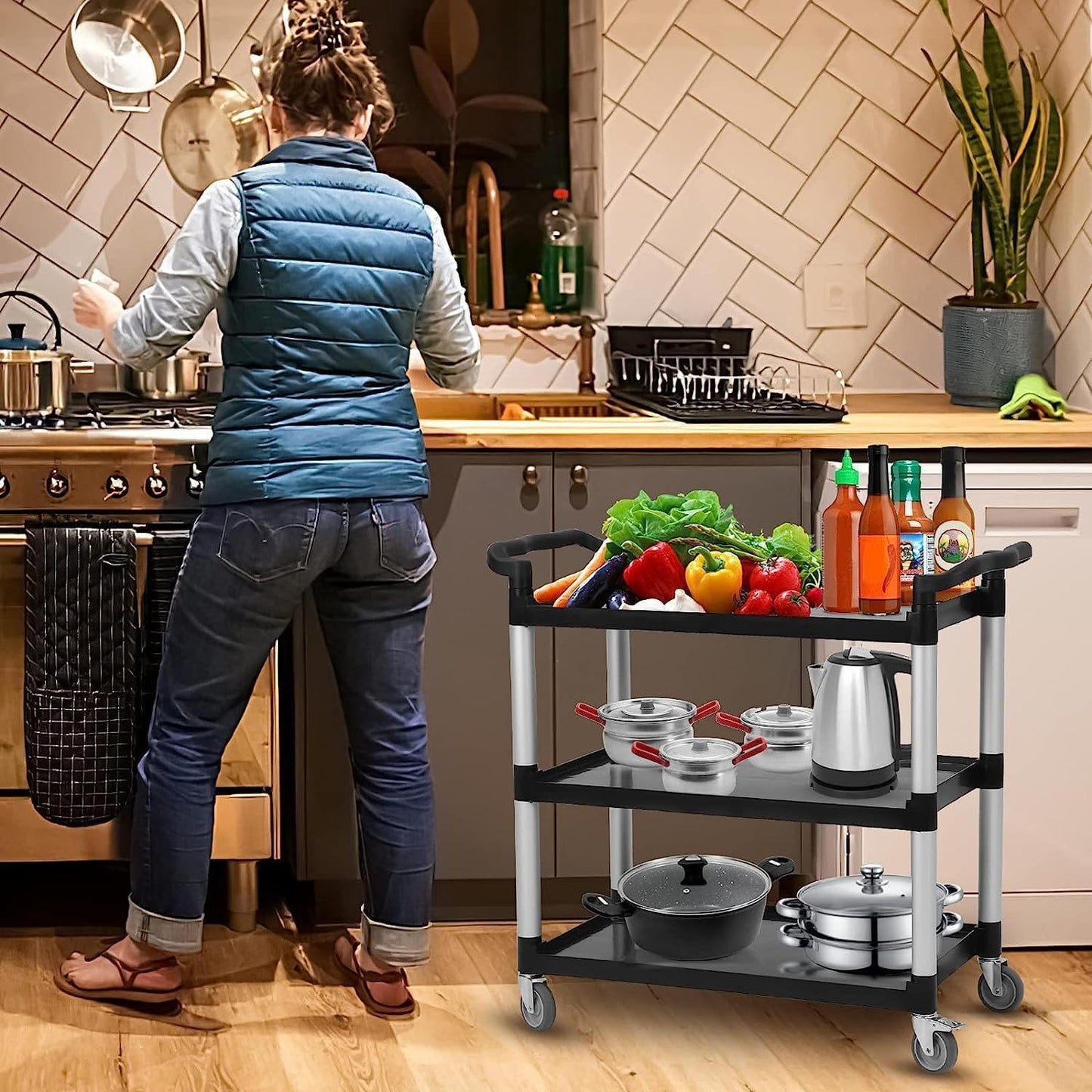 3-Shelf Heavy Duty Rolling Utility Cart 360 Lbs Capacity – 42" Wx20 Dx39 H Black Cart with Lockable 360° Swivel Wheels | Easy Maneuverability for Restaurant, Foodservice & Cleaning