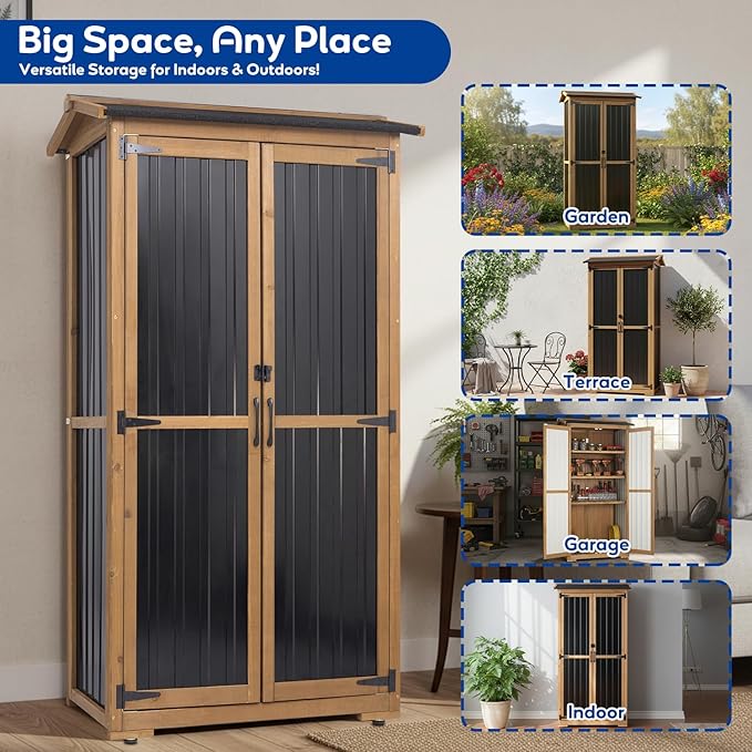 Outdoor Storage Cabinet Weather-Resistant, Wood & Metal Storage Shed with 3 Removable Shelves, Waterproof Roof, Adjustable Feet, Patio Storage Cabinet Outside for Garden Garage Backyard Pool