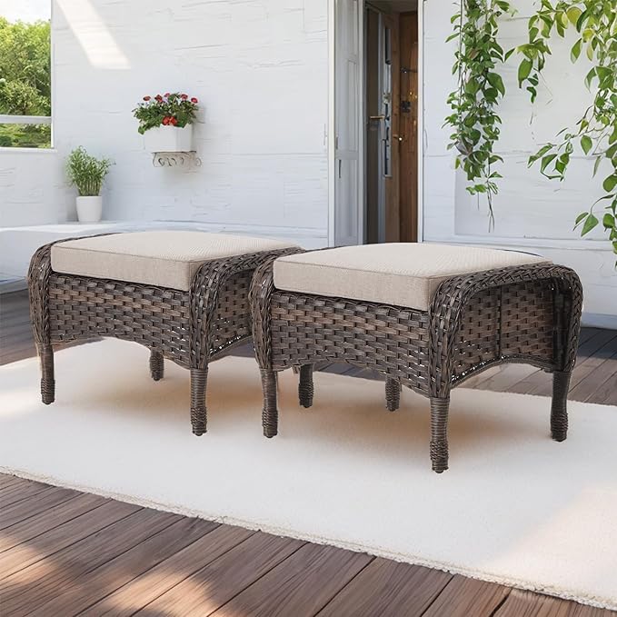 HUMMUH 5 Pieces Wicker Patio Furniture Set,Outdoor Swivel Gliders Rocker,Patio Ottomans,Glass Top Side Table,Outdoor Conversation Set for Porch Deck Backyard Poolside