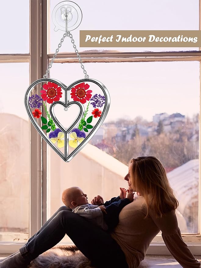 KY&BOSAM Heart Suncatchers DIY Stained Glass Hangings for Windows Wind Chimes Home Gardner Decor with Pressed Real Flowers Heart No Charm Birthday Gifts for Women Mother`s Day Christmas Ornamets