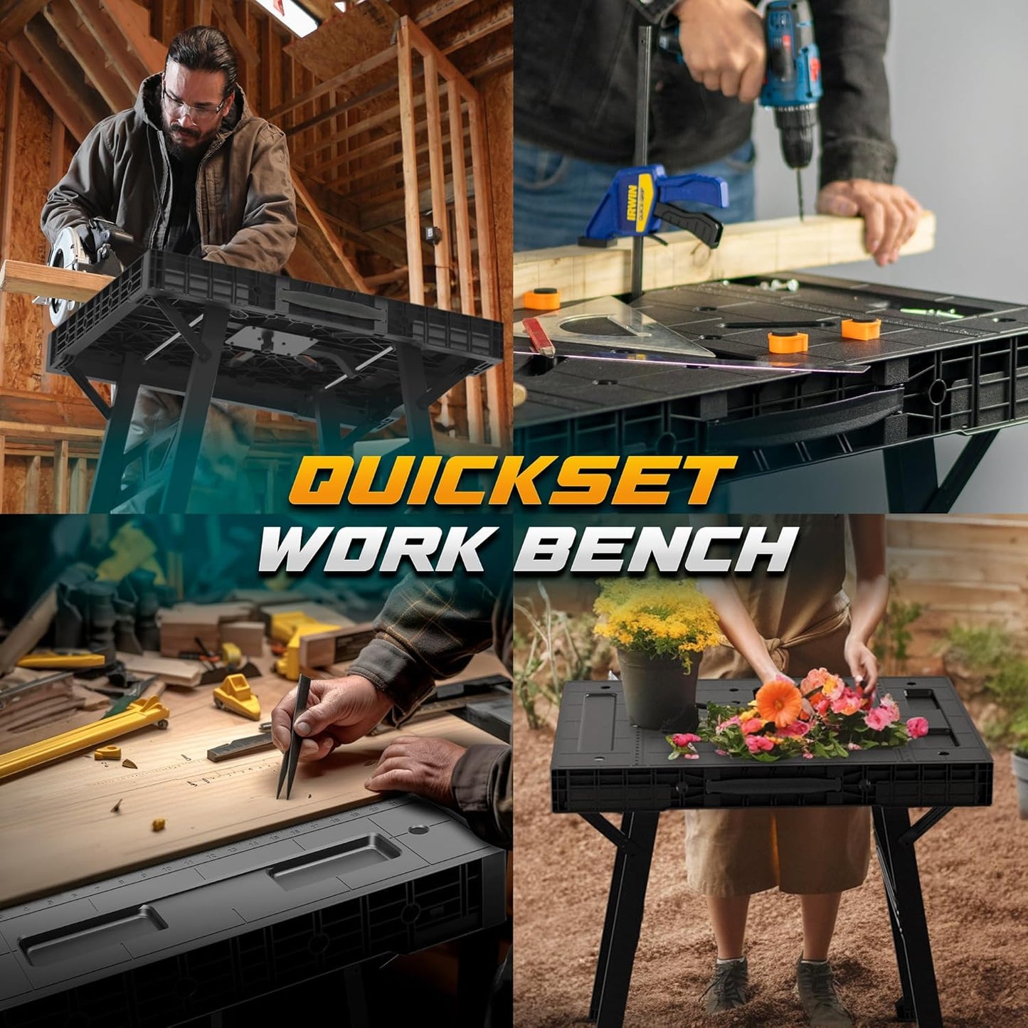 Foldable Work Bench,Easy Step Protable Work Table,34" W x 25" D x 31" H Lightweight Workbench wih 1650LBS,Work Benches for Garage,Work Bench Suitable for Garage,Workshop and Home (Black)