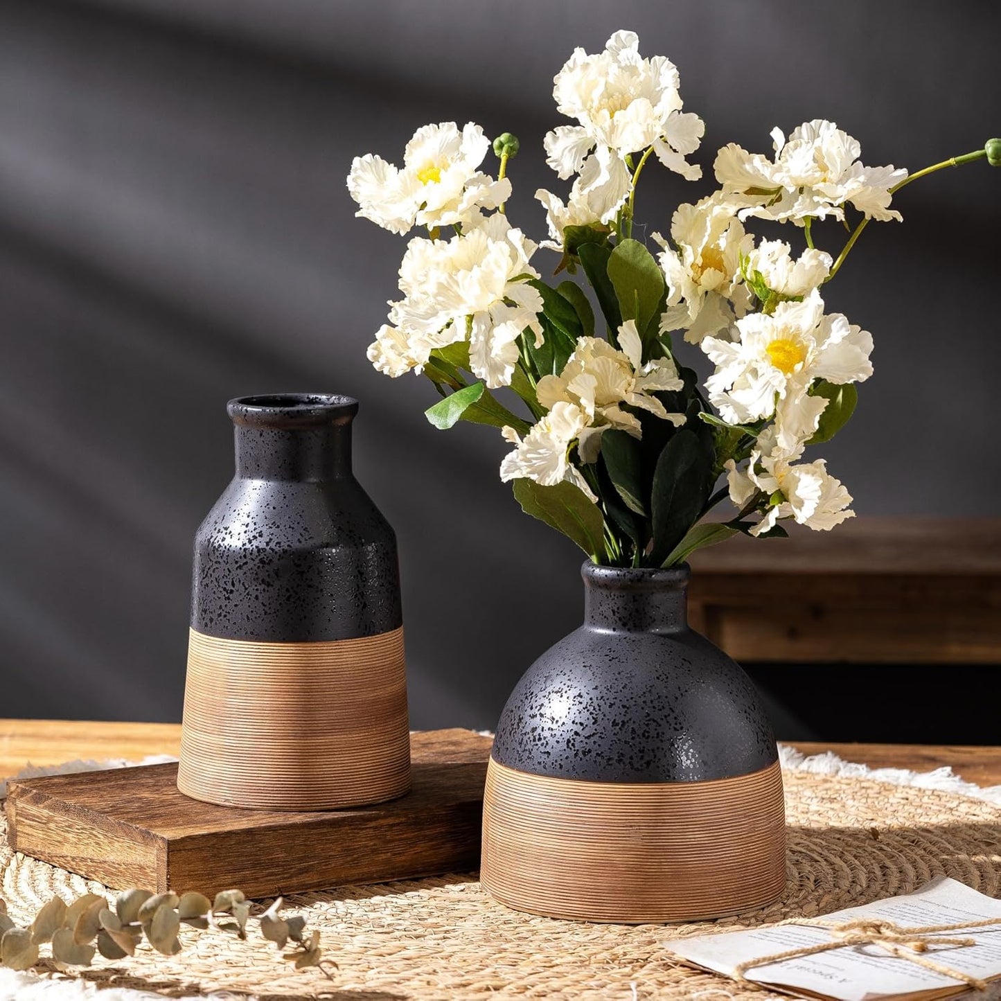 Black and Brown Rustic Farmhouse Flower Round Ceramic Striped Vase, Modern Bohemian Ceramic Floral Vase for Home Cottage Core Decor, Table, Living Room, Bookshelf Decor, Mantel, Wedding 6.5 Inch