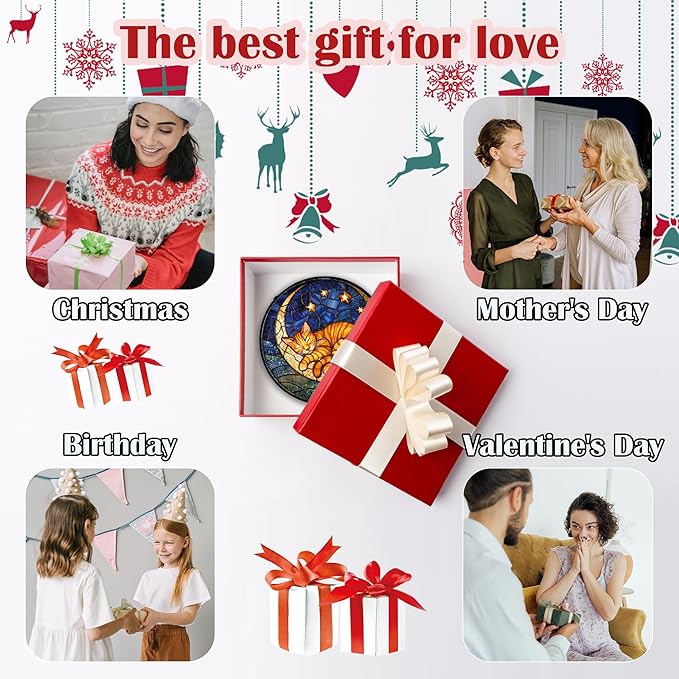 Stained Glass Window Hanging - Orange Moon Sleeping Cat Sun Catcher for Door Home Decor Blue Starry Sky Suncatcher Christmas Mother's Day Birthday Gifts for Women Men Mom Nana 9.8 in