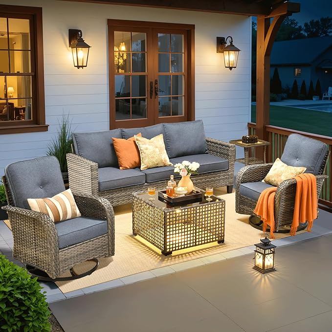 ovios 5 Pieces Patio Furniture Set, Outdoor Wicker Sofa Couch with Rocking Swivel Chairs Solar Lights Table, Modern Deep Seat Rattan Conversation Sets for Porch Deck, Denim Blue