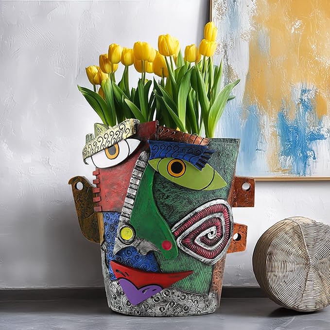 Picasso Flower Pot Colorful Face Art Abstract Resin Flower Pot Unique Face Flower Pot Head Planter for Indoor Outdoor Plants Patio Home Art Decoration (Frown)