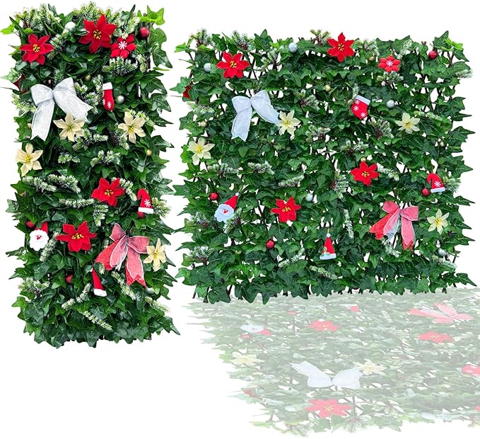 Expandable Fence Privacy Screen for Balcony Patio Outdoor,Decorative Faux Ivy Fencing Panel,Artificial Hedges (Single Sided Leaves) (2, Christmas-Ivy)