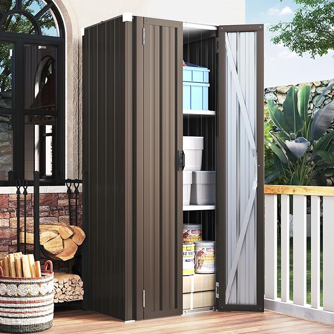 AECOJOY Outdoor Storage Cabinet Waterproof with Shelves, Vertical Tall Garden Outdoor Cabinet, Sheds & Outdoor Storage Clearance Cabinet Weatherproof for Outside in Brown