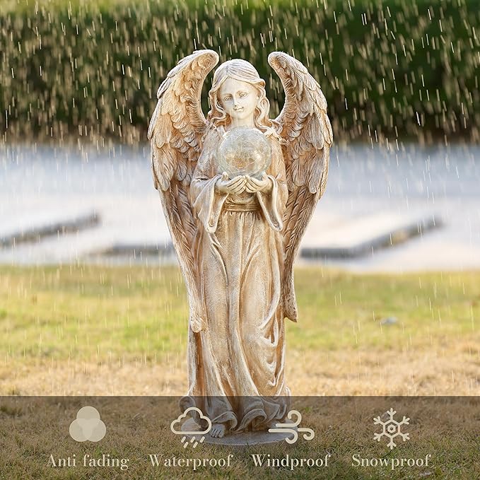 TERESA'S COLLECTIONS Large Angel Garden Statues with Solar Outdoor Light for Outdoor Decor, Fairy Figurine Resin with Wing & Glass Ball for Garden Decor, Yard Decor Lawn Ornament Gifts for Mom, 22.8"