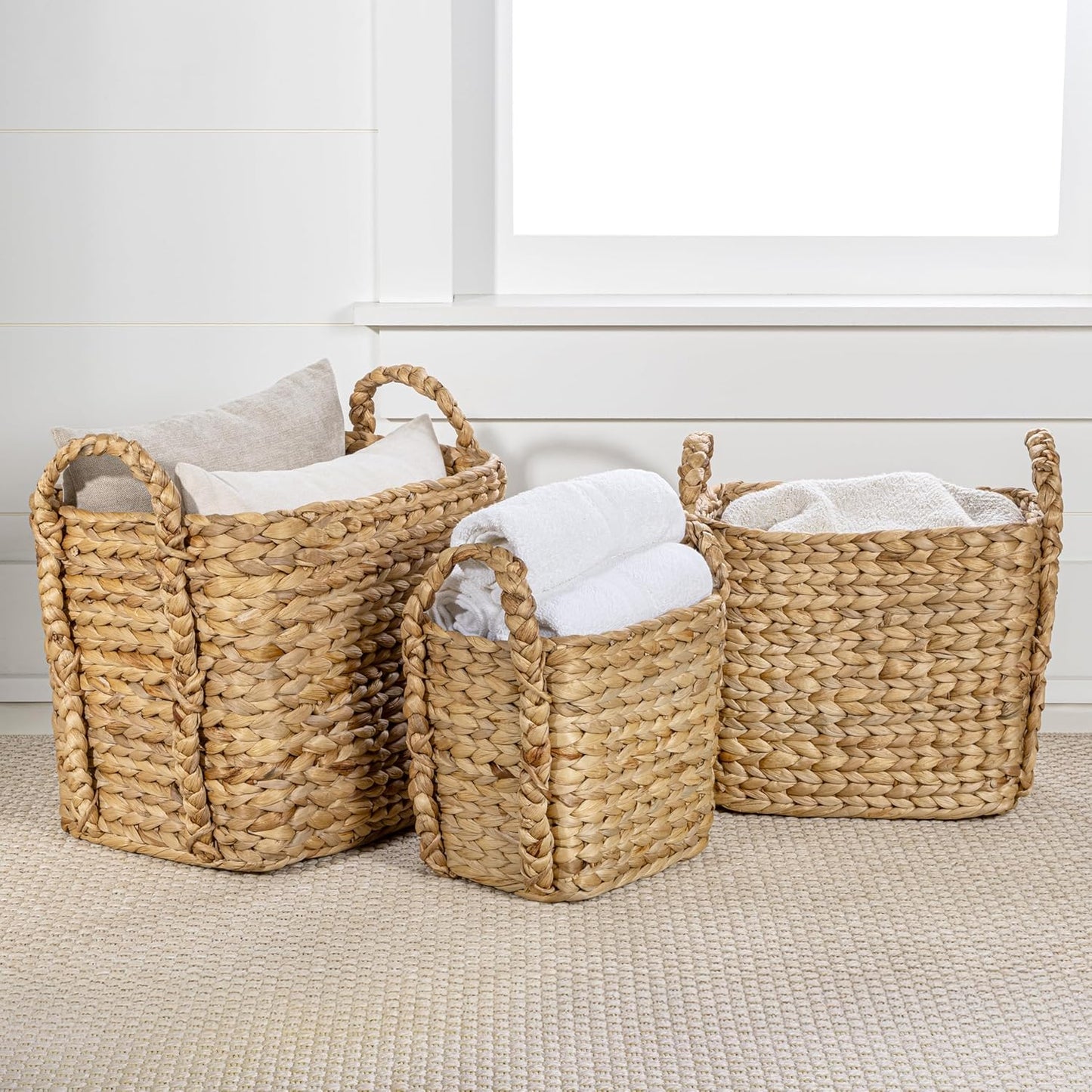 happimess BSK2001A-3SET Clara Farmhouse Classic Handwoven Hyacinth Rectangle Floor Wicker Storage Baskets with Handles, Natural (Set of 3), Seagrass Containers for Decoration in Living Room, Bedroom