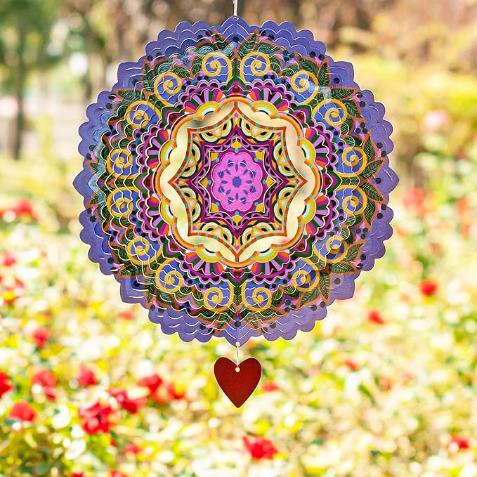 SteadyDoggie 12-Inch 3D Wind Spinners Outdoor - Mandala Purplerain Windmill Yard Decorations - Stainless Steel Laser Cut Ornament - Kinetic Garden Decor for Outside