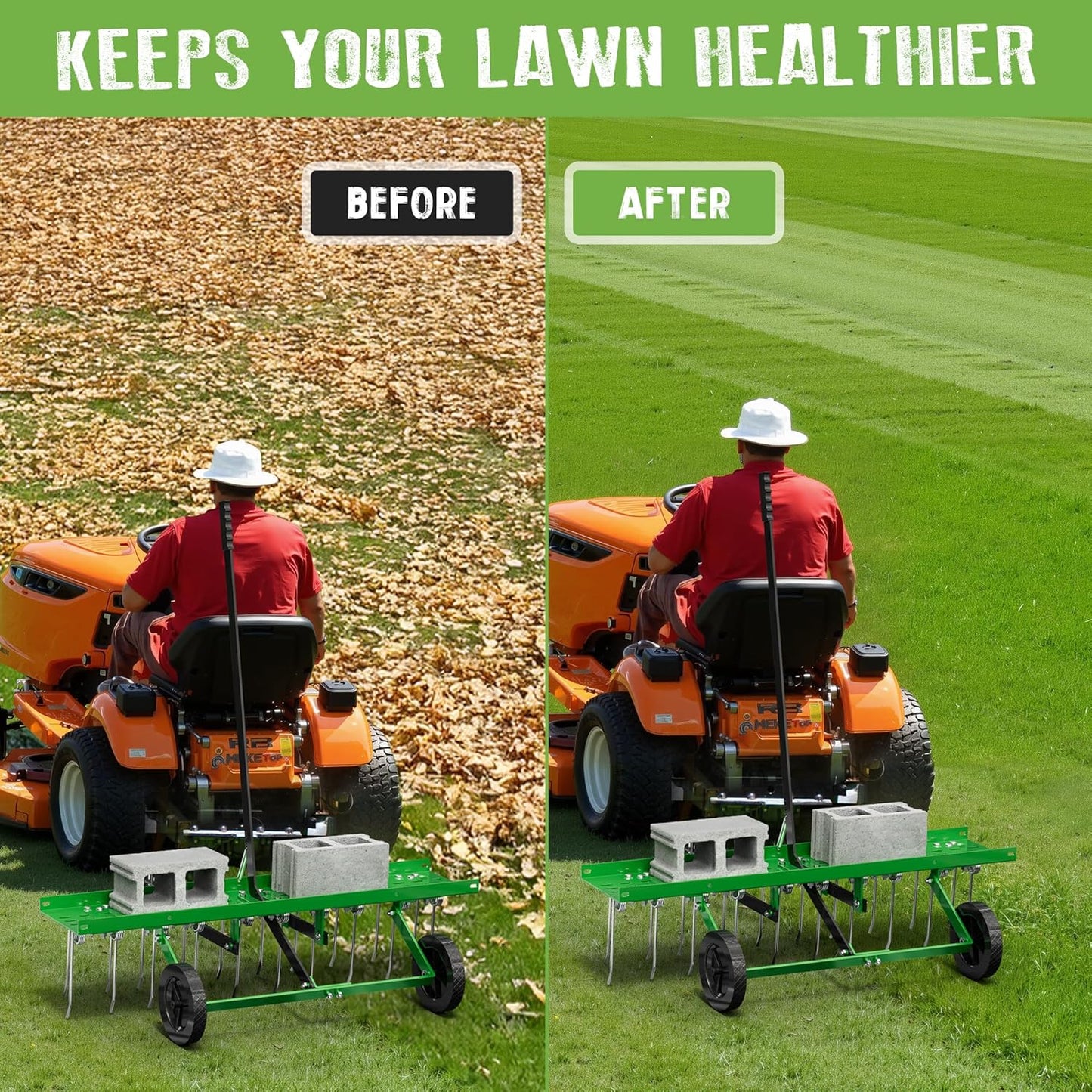 40" Tow-Behind Dethatcher with 20 Spring Steel Tines, Pull Behind Lawn Tractor Mower Grass Rake for Yard, Garden, and Farm Care – Removes Thatch, Leaves, and Pine Needles-Green