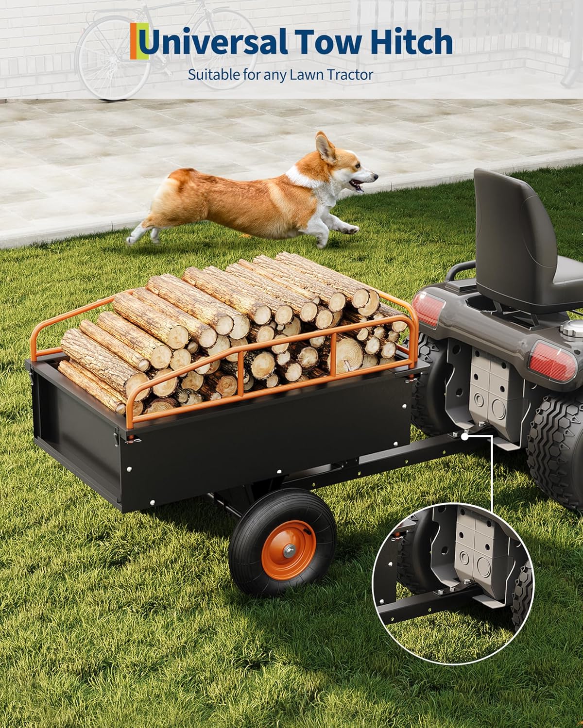 Heavy Duty ATV Trailer Steel Dump Cart, 750 LBS 15 Cubic Feet, Garden Utility with Removable Sides for Riding Lawn Mower Tractor