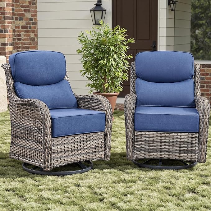 Rilyson Patio Outdoor Swivel Rocker Chairs Set of 2, Waterproof Wicker, High Back, Deep Seating, Wide Armrest, Upgraded 6 inch Thick Cushions, Ideal for Deck Porch Backyard, Mixed Grey/Blue