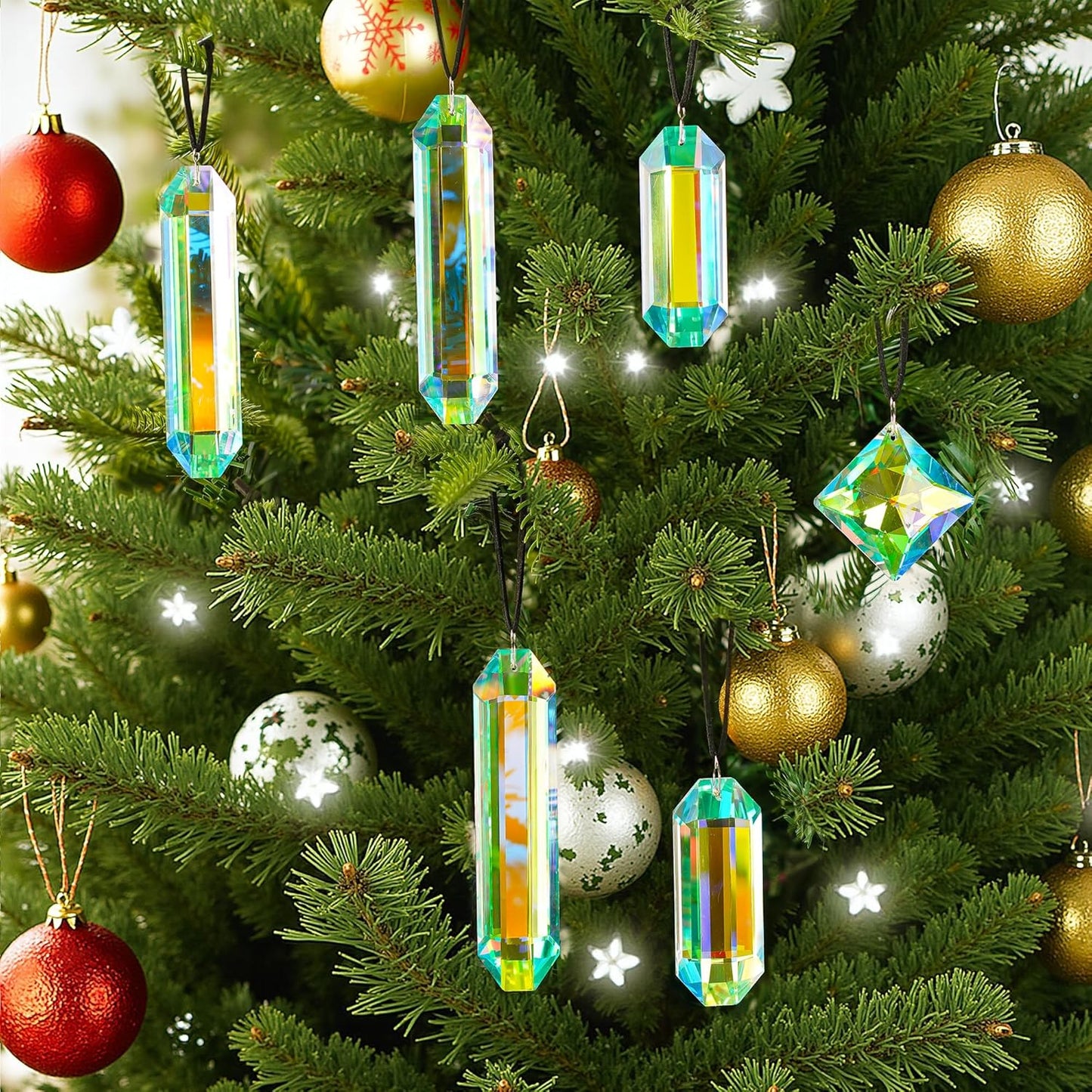 HDCRYSTALGIFTS Set 7 Crystal Sun Catcher Prisms, AB Colored Suncatcher Crystals Indoor Window Hanging Christmas Ornaments Rainbow Maker Prisms for Home Garden Decor