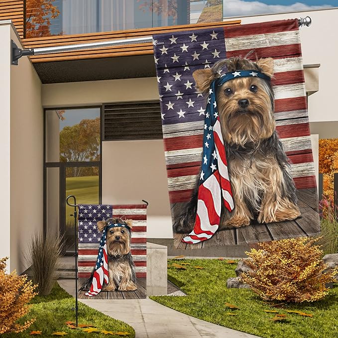 Patriot American Dog Flags - Charming Yorkshire Terrier Dog Double Sided Flag - 4th Of July Decorations for Home, Outside, House Flag 30x40 Heavy Duty Canvas, Decorative Indoor Outdoor Flag