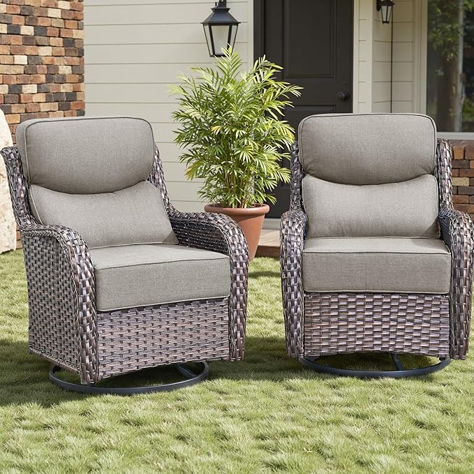 Rilyson Patio Outdoor Swivel Rocker Chairs Set of 2, Waterproof Wicker, High Back, Deep Seating, Wide Armrest, Upgraded 6 inch Thick Cushions, Ideal for Deck Porch Backyard, Brown/Beige