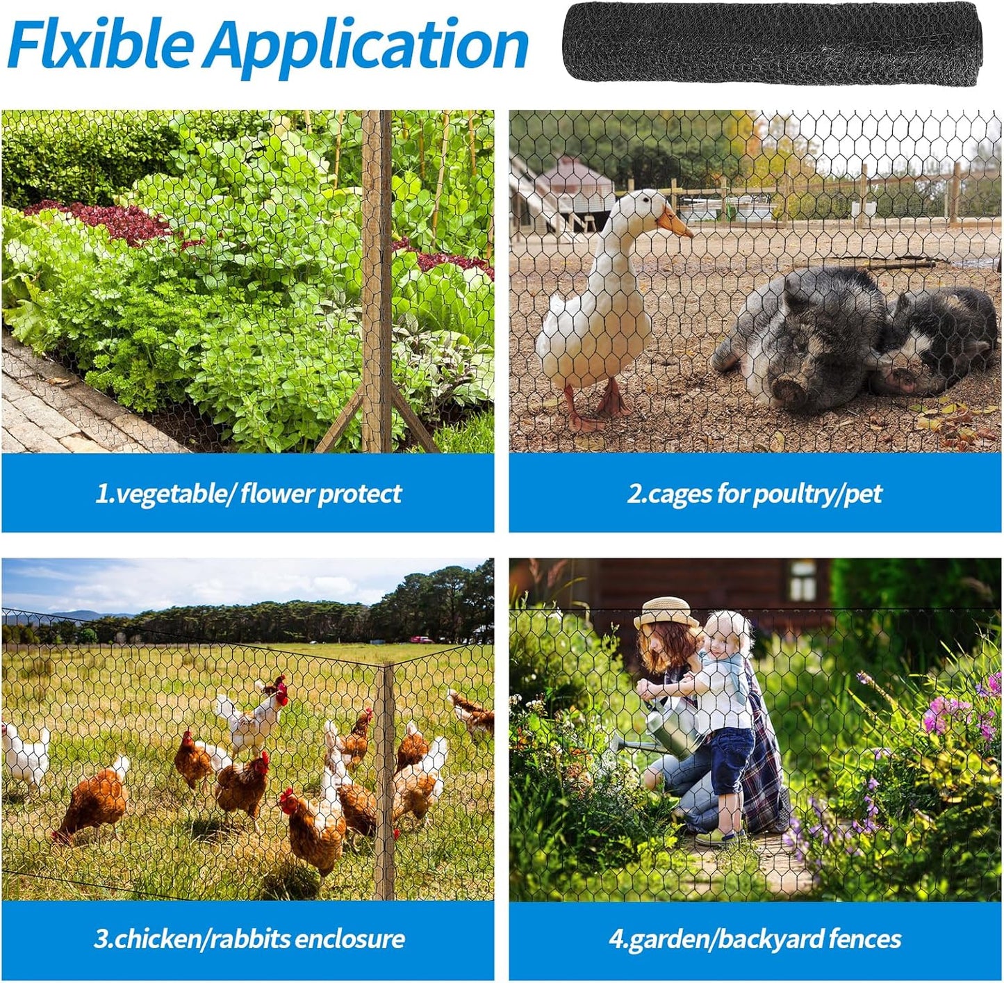 12'' x 150' Black Chicken Wire Mesh Fence, 20 Gauge Galvanized Poultry Netting and 1 inch Garden Mesh Fence Roll, Chicken Wire for Floral Arrangements/Crafts/Farm/Livestock/Pet Protection