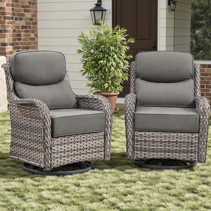 Rilyson Outdoor Patio Swivel Rocker Chairs Set of 2, Waterproof Wicker, High Back, Deep Seating, Wide Armrest, Upgraded 6 inch Thick Cushions, Ideal for Deck Porch Backyard, Mixed Grey-Grey