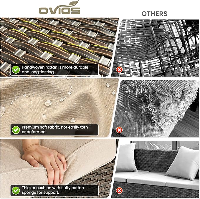 ovios 7 Pieces Patio Furniture Set, Outdoor Wicker Sofa Couch with Swivel Chairs 42" Fire Pit Table, High Back All Weather Modern Conversation Sets, Brown Rattan, Beige