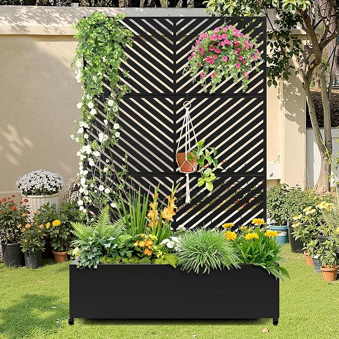 Metal Raised Garden Bed with Trellis, 2-in-1 Planter Box & Privacy Screen for Climbing Plants, Outdoor Standing Flower Bed with Drainage Holes, 47.2" L x 16.7" W x 70.8" H, Black-Parallel