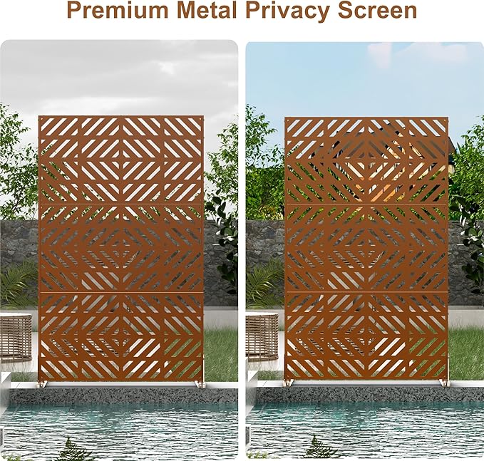 Metal Privacy Screen for Outdoor Freestanding Privacy Screens, 72" H x 44" W Brown Metal Fence Panels with Stand, Patio Divider Screens for Outside Deck Balcony Garden and Indoor