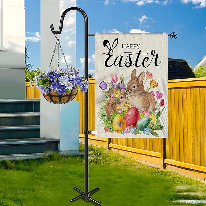 XDW-GIFTS Upgraded Garden Flag Holder Stand with Shepherd Hook for 28'' x 40'' Flags 60 in Heavy Duty Yard Flag Post Stake with 2 Spring Stoppers and 1 Clip for Outside (Without Solar Lights & Flag)