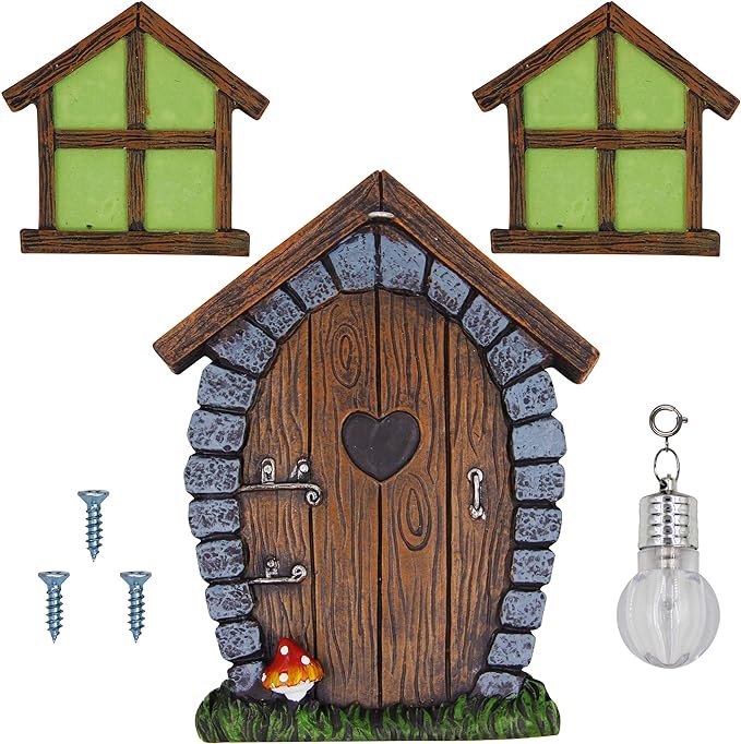 Juegoal Fairy Gnome Home Miniature Window and Door with Litter lamp for Trees Decoration, Glow in Dark Fairies Sleeping Door and Windows, Yard Art Garden Sculpture, Lawn Ornament Decor