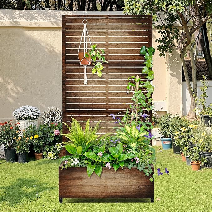 Metal Raised Garden Bed with Trellis, 2-in-1 Planter Box & Privacy Screen for Climbing Plants, Outdoor Standing Flower Bed with Drainage Holes, 35.4" L x 15.7" W x 70.1" H, Vintage Wood Grain