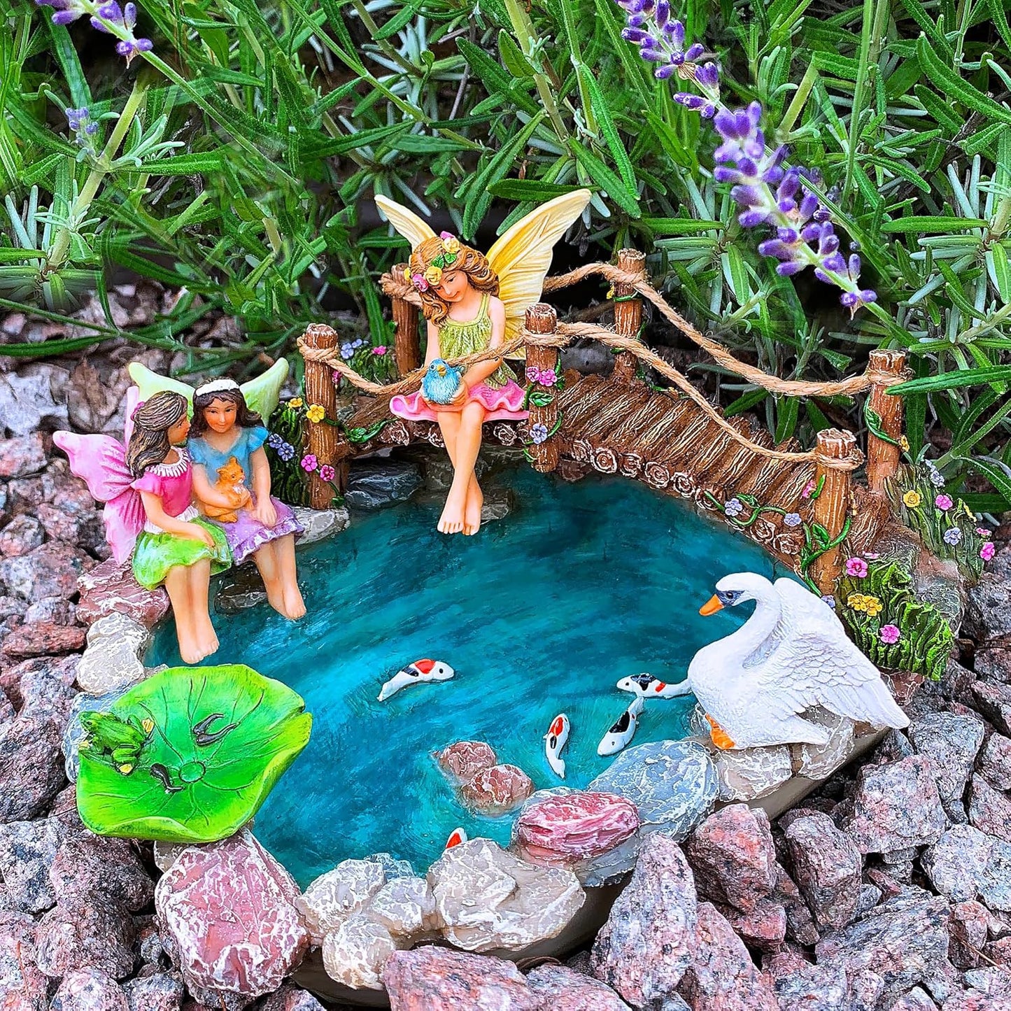 Mood Lab Fairy Garden Fish Pond Kit - Miniature Bridge Set of 6 pcs Fairy Garden Figurines & Accessories - Outdoor or House Decor