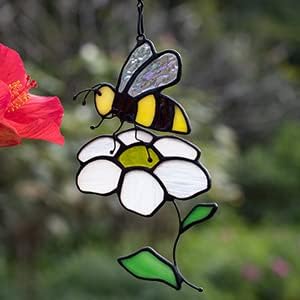 Bee Suncatcher Flower Stained Glass Window Hangings, Bee Decor Party Birthday Bee Gifts for Women,Bee Lovers, Housewarming Gifts.