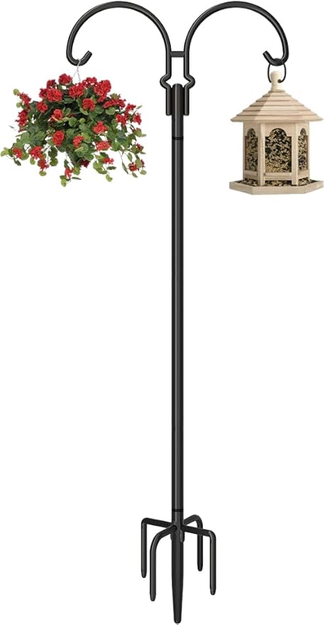 Outdoor Double Shepherds Hook with 5 Prong Base, 92 Inch Adjustable Heavy Duty Two Sided Bird Feeder Pole Stand for Hanging Plant Baskets, Solar Light Lanterns, Hummingbird Feeder, 1 Pack