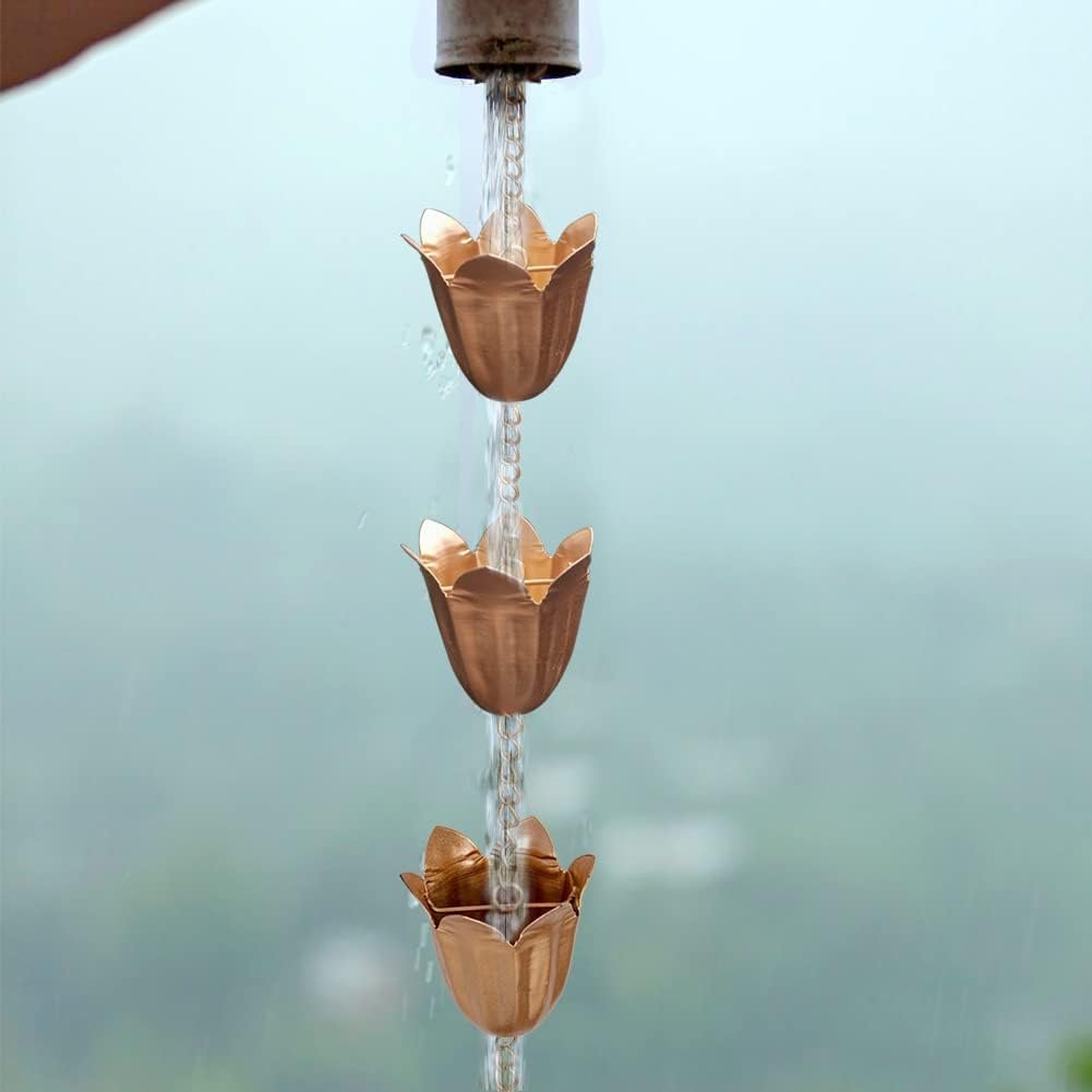 Rain Chains for Gutter, 8.3 Ft Tulip Rain Water Chain with 12 Cups, Adjustable Gold Rain Catcher Chain, Replacement Downspout for Gutters, Eaves Drainage Decor