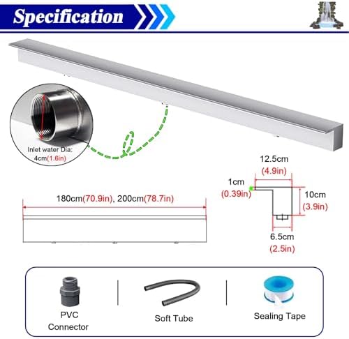 Waterfall Spillway 72 Inch - Garden Fountain Waterfall Embedded Mounting, Heavy Duty Stainless Steel Spray Water Accessories for Pond and Patio