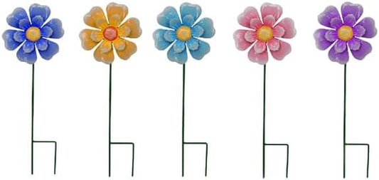 Metal Flower Wind Spinner Garden Lawn Stakes Yard Art, 27 Inch Windmill Outdoor Garden Iron Handicraft Lawn Ornament, Outside Front Metal Yard Art Decor, 5 pieces Outdoor Front Porch Patio Decorations